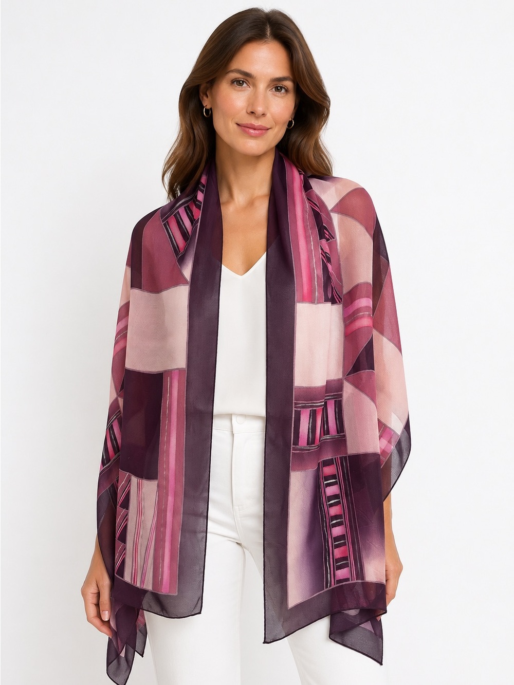 DAKS London Vintage 100% Silk Geometric Abstract Scarf Pink Purple Hand Rolled